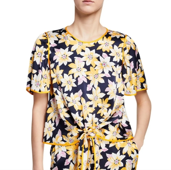 Cinq A Sept Kristi Floral Silk Tie Crop Short Sleeve Floral Blouse Small - Picture 2 of 8